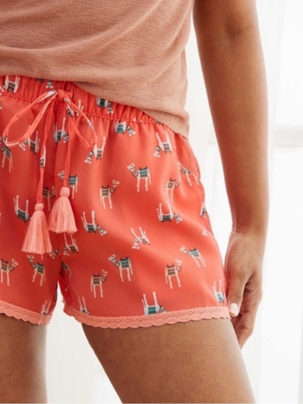 aerie Coral Llama Print Sleep Shorts with Tassel Tie